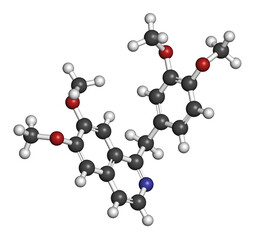 Papaverine opium alkaloid molecule. Used as antispasmodic drug. 3D rendering. Atoms are represented as spheres with conventional color coding.