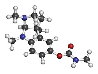 Physostigmine alkaloid molecule. Present in calabar bean and manchineel tree, acts as acetylcholinesterase inhibitor. 3D rendering. Atoms are represented as spheres with conventional color coding.