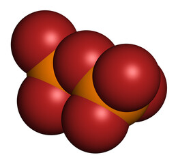 Pyrophosphate (PPi) anion. Important in biochemistry, used as food additive (E450). 3D rendering. Atoms are represented as spheres with conventional color coding: phosphorus (orange), oxygen (red).