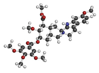 Reserpine alkaloid molecule. Isolated from Rauwolfia serpentina (Indian snakeroot). 3D rendering. Atoms are represented as spheres with conventional color coding.