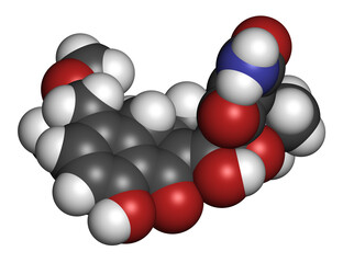 Sarecycline antibiotic drug molecule (tetracycline class). 3D rendering. Atoms are represented as spheres with conventional color coding.