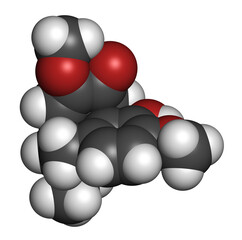 Sinomenine herbal alkaloid molecule. Isolated from Sinomenium acutum. 3D rendering. Atoms are represented as spheres with conventional color coding.