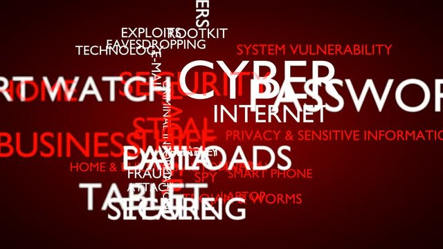 Cyber security world tag cloud. Red, English variant, 3D rendering, UHD.