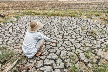 Sad farmer is sitting in a agricultural field during the long drought. Because of the lack of water...