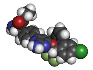 Telotristat ethyl drug molecule (tryptophan hydroxylase inhibitor). 3D rendering. Atoms are represented as spheres with conventional color coding.