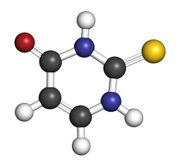 Thiouracil drug molecule. Obsolete drug molecule, previously used in the treatment of Graves' disease. 3D rendering. Atoms are represented as spheres with conventional color coding