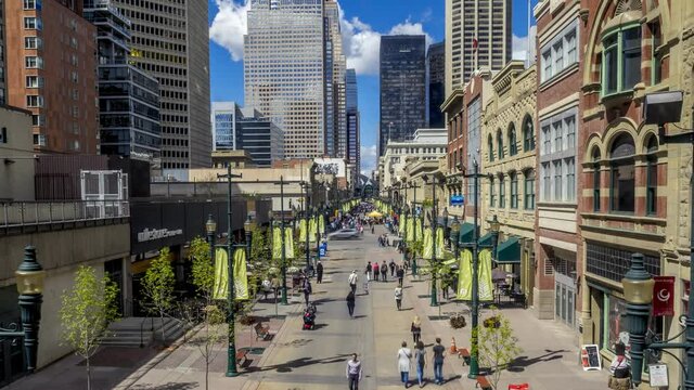 Time lapse of downtown Calgary during the day along Stephen's Avenue pedestrian mall.