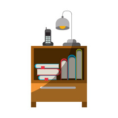 colorful graphic of nightstand with cordless phone and lamp and books stacking without contour and half shadow vector illustration