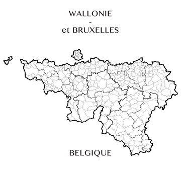 Detailed map of the Belgian Regions of Wallonia and Brussels-Capital (Belgium) with borders of municipalities, districts, provinces, and regions. Vector illustration