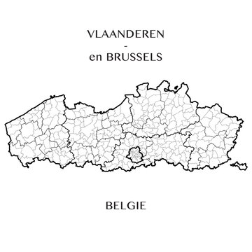 Detailed map of the Belgian Regions of Flanders and Brussels-Capital (Belgium) with borders of municipalities, districts, provinces, and regions. Vector illustration
