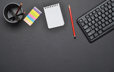 Top view and copy space of office and working desk with various of office tools