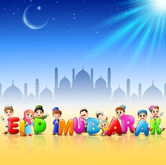 Happy cartoon kid celebrate eid mubarak with mosque background