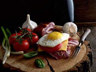 Fried eggs and fried bacon