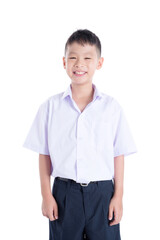 Young asian schoolboy in uniform over white background