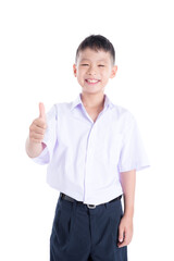 Young asian schoolboy in uniform over white background