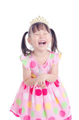 Little asian girl wearing crown and laughing over white background