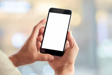 Man using smartphone on blur background. Blank screen smartphone for Graphic display montage.
