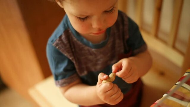 Adorable baby boy tries to open peanut at home and looks very concentrated
