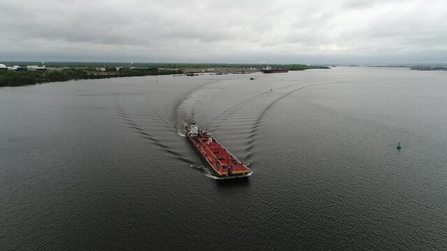 Aerial View of Tugboat and Barge Delaware River Philadelphia