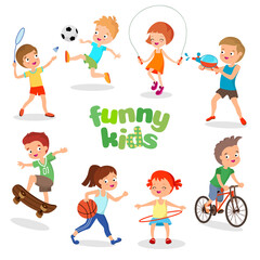 Uniformed happy kids playing sports. Active children vector characters