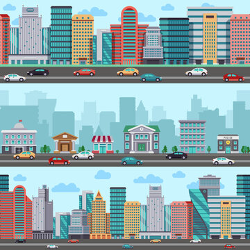 City street with cars and buildings. Vector wrapper panoramic urban design