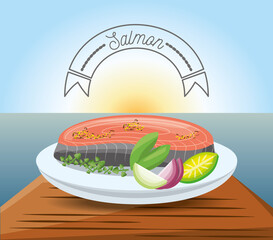 delicious salmon dish menu restaurant vector illustration