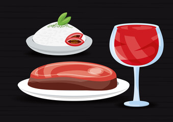 delicious grilled meat with rice and drinks menu restaurant vector illustration