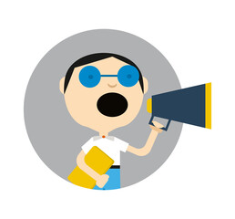 Young boy in glasses with megaphone round avatar icon isolated on white background vector illustration. People pictogram in flat design.