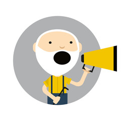 Old man with megaphone round avatar icon isolated on white background vector illustration. People pictogram in flat design.
