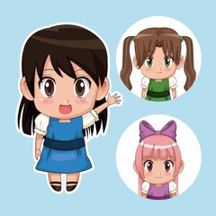 blue color set cute anime tennagers girl in dress with several facial expressions vector illustration