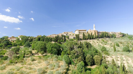 Beautiul aerial view of Pienza, Tuscany medieval town on the hill