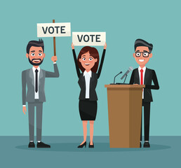 background scene set people in formal suit with banner promoving voting and candidate in presentation vector illustration