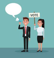 background scene people man in formal suit speaks for dialog box and woman with banner promoving vote vector illustration