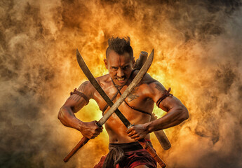Ancient warrior man of soldier of Bang Rachan District Thailand hold sword fight,Images of dirty...
