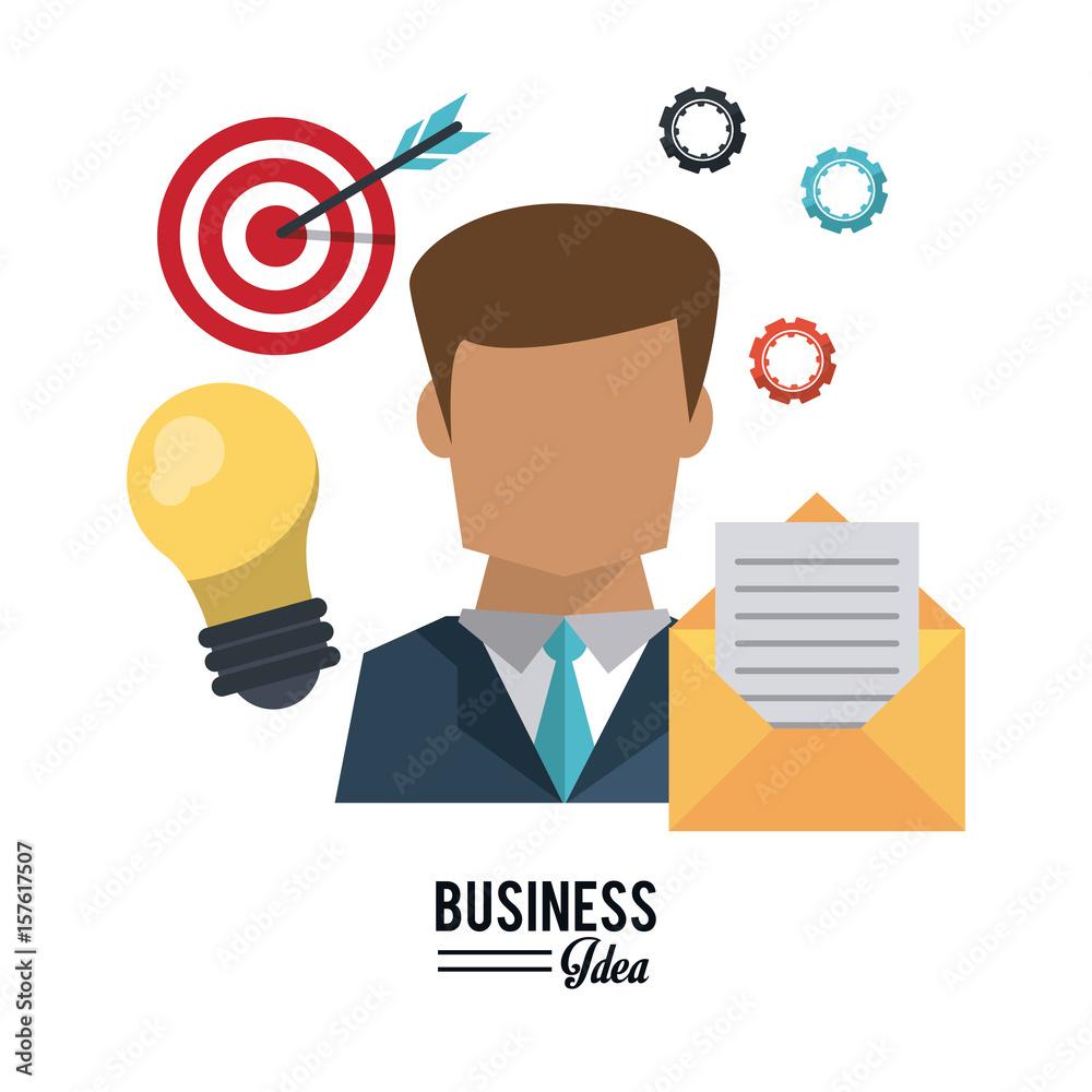 Poster colorful poster of half body businessman with light bulb and mail and pinions and target with arrow vector illustration