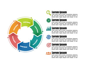 Circle infographic template 6 steps. For presentation and design concept. Bright color arrows. Vector illustration.