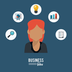 colorful poster of half body business woman with icons set of business idea vector illustration