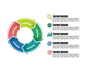 Circle infographic template 5 steps. For presentation and design concept. Bright color arrows. Vector illustration.