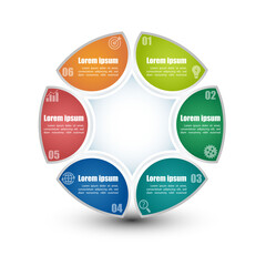 Circle infographic template 6 steps. For presentation and design concept. Bright colors. Vector illustration.