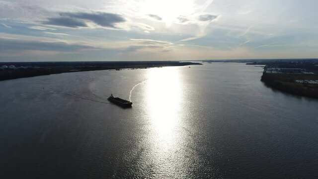 Aerial View of Tugboat and Barge Delaware River Philadelphia