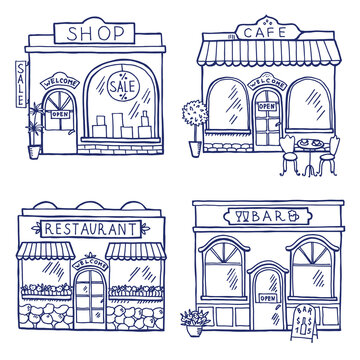 Hand drawn illustration of different buildings and market places. Restaurant, cafe, bar and shop