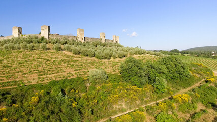 Fototapeta na wymiar Beautiul aerial view of Monteriggioni, Tuscany medieval town on the hill
