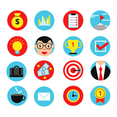 Business icon set in flat style. Vector illustrations of money, goals and finance signs