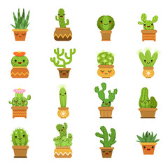 Cute desert plants. Cactus in pots, vector cartoon mascot with different emotions