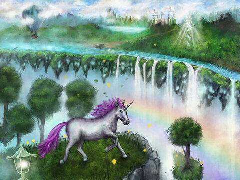 Fantastic and magical world where unicorns live