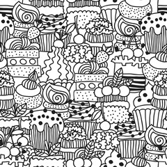 Sweet cakes, cupcakes. Black and white seamless pattern with dessert for coloring books. Doodle illustration
