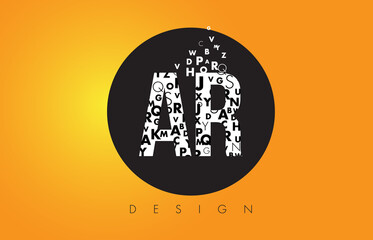 AR A R Logo Made of Small Letters with Black Circle and Yellow Background.