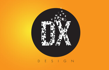 DX D X Logo Made of Small Letters with Black Circle and Yellow Background.