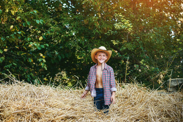 Naklejka na ściany i meble The boy resting on the hay in a summer day