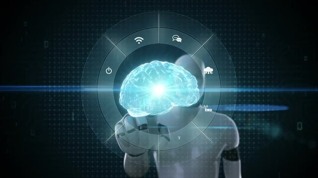 Robot, cyborg touching blue Digital brain, Internet of things technology, artificial intelligence.1.